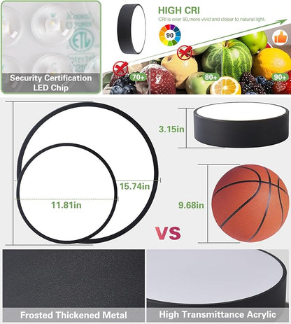 Modern LED Round Flush Mount Ceiling Light Fixture,Black,11.81 inch | Dimmable,24Watts,Bright Adjustment,5CCT 3000K/3500K/4000K/5000K/6000K,Matte,Metal,for Kitchen,Bedroom,Bathroom,Hallway,Closet