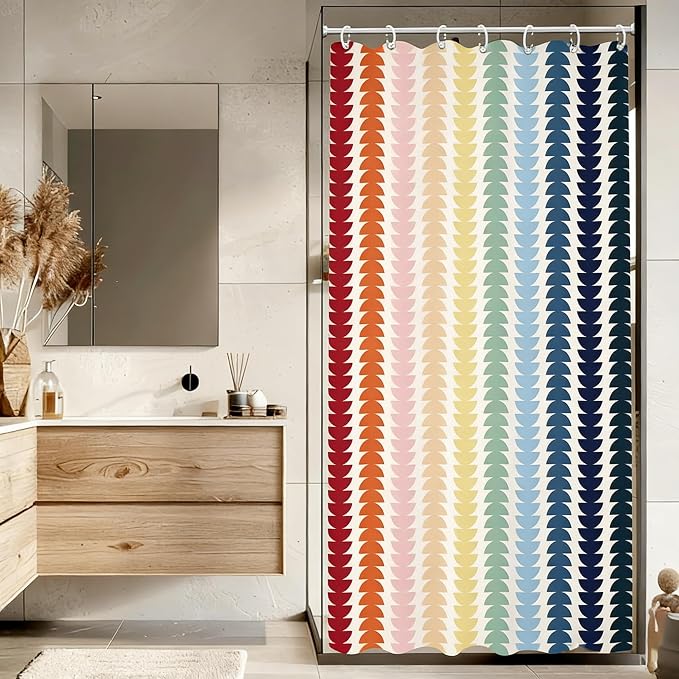 Modern Geometric Shower Curtain, Vintage Rainbow Mid-Century Abstract Art Design Bath Curtains for Bathroom, Colorful Semicircular Pattern Waterproof Polyester Fabric Bathroom Set 12 Hooks 36X72IN