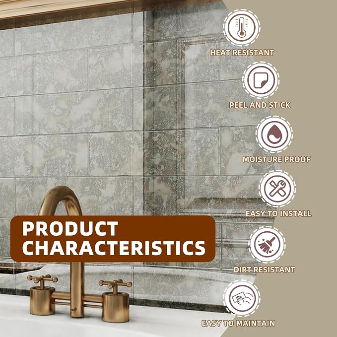 20PCS Peel and Stick Backsplash, 3"x 9" Antique Mirror Glass Tile(Rust) | Self-Adhesive Subway Tile, Backsplash Tile for Kitchen/Bathroom/Living Room