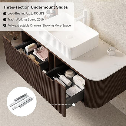 48" Floating Bathroom Vanity with Sink, Wall-Mount Cabinet with 2 Large Storage Drawer, White Rectangular Ceramic Basins and Marble Top, Soft-Close Design, Dark Walnut