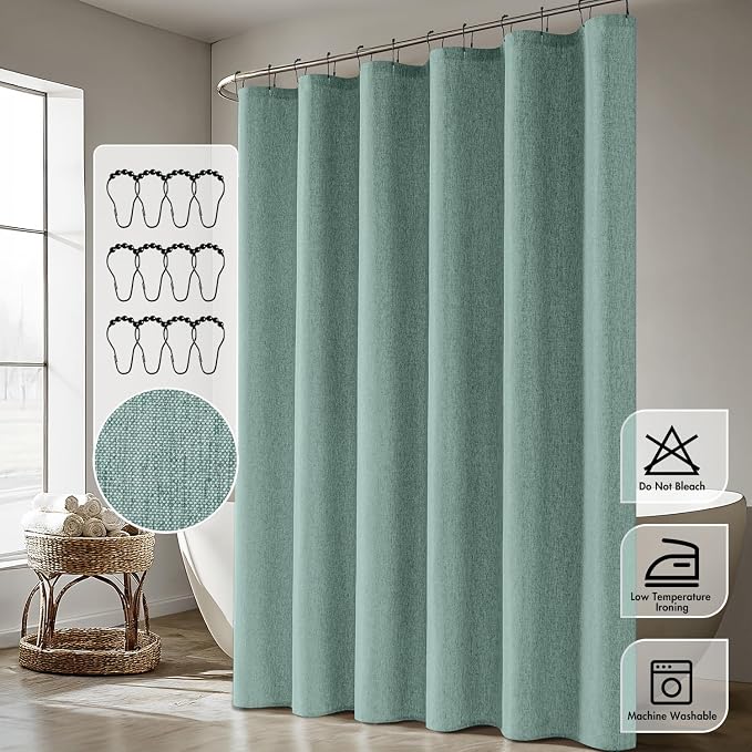 ANRODUO Teal Extra Long Linen Fabric Shower Curtain Set - W72xL108 | Farmhouse Shower Curtain with 12 Metal Hooks, Waterproof Heavy Duty, Button Hole Design, Machine Washable for Bathroom