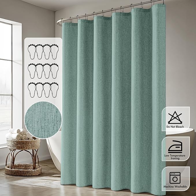 ANRODUO Teal Linen Textured Fabric Shower Curtain Set - W72xL84 | Farmhouse Shower Curtain with 12 Metal Hooks, Waterproof Heavy Duty, Button Hole Design, Machine Washable for Bathroom