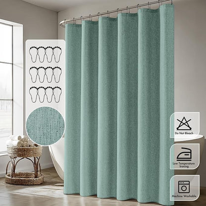ANRODUO Teal Linen Textured Fabric Shower Curtain Set - W72xL72 | Farmhouse Shower Curtain with 12 Metal Hooks, Waterproof Heavy Duty, Button Hole Design, Machine Washable for Bathroom