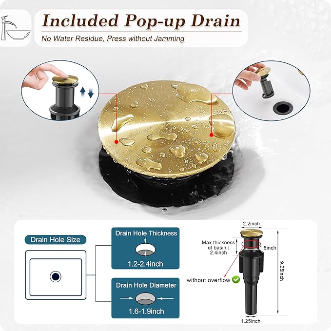 Brass Vessel Sink Faucets, Brushed Gold Tall Bathroom Faucet Single Handle, 1 Hole Bathroom Sink Faucet Waterfall Farmhouse Single Faucet Bathroom Sink with Pop-Up Drain & Pre-Installed Hoses
