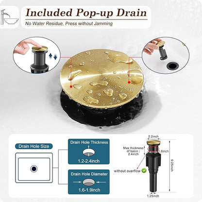 Brass Vessel Sink Faucets, Brushed Gold Tall Bathroom Faucet Single Handle, 1 Hole Bathroom Sink Faucet Waterfall Farmhouse Single Faucet Bathroom Sink with Pop-Up Drain & Pre-Installed Hoses