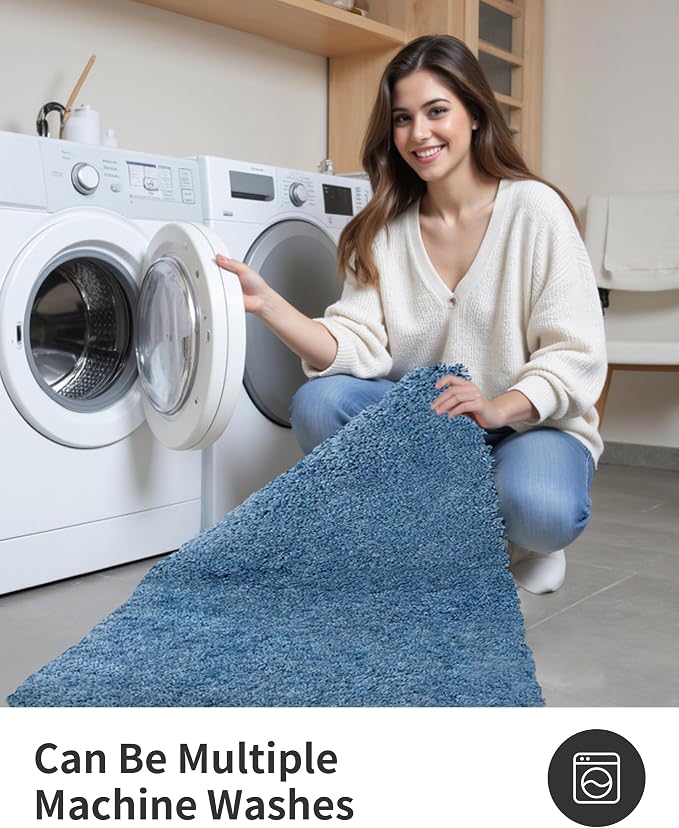 ILANGO Blue Bathroom Rugs 48" × 24" Non Slip & Super Absorbent Extra Thick Soft, Washable Bath Mat for Floor, Microfiber Plush Shaggy Bath Rug with Rubber for Bathtub Shower Room Sink