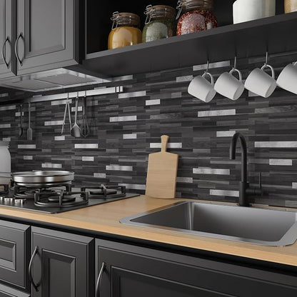 Yipscazo 20 Sheets Peel and Stick Stone Metal Tile Backsplash, Stick on Tiles for Backsplash Kitchen, Bathroom, Laundry Room, Camper, Fireplace (12'' X 12'', Black Wood Grain)