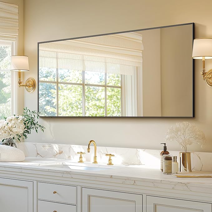 Bathroom Vanity Mirror for Wall, 55"x30" Bathroom Mirror for Over Sink | HD Shatterproof Glass, Rectangular Metal Frame, Horizontally or Vertically, Mirror for Bathroom, Living Room, Entryway(Black)