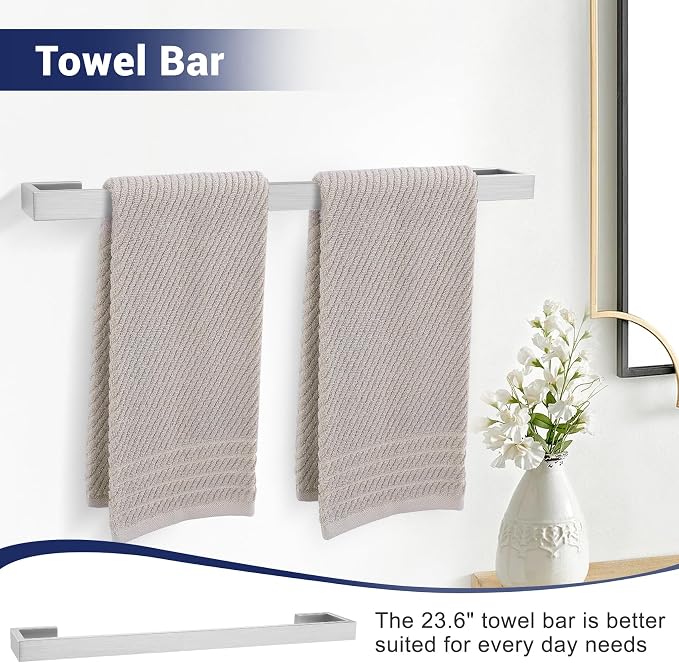 Lairuier Brushed Nickel Bathroom Accessories, 23.6 inches Towel Bar Set | Including Towel Bar, Towel Holder, Toilet Paper Holder, Towel Hook, SUS304 Stainless Steel Bathroom Towel Holder Hardware Set