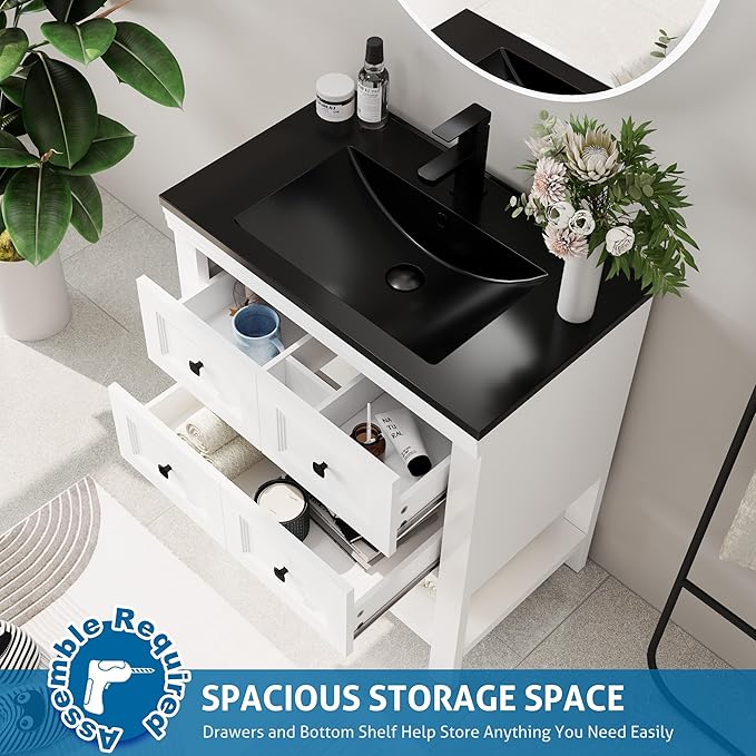 eclife 30" Bathroom Vanity with Sink Combo, Modern Painted Vanities Cabinet with Big Drawers, Opening Bottom Shelf, Raised Foot Pads, Include Undermount Black Sink, Faucet & Drain, White