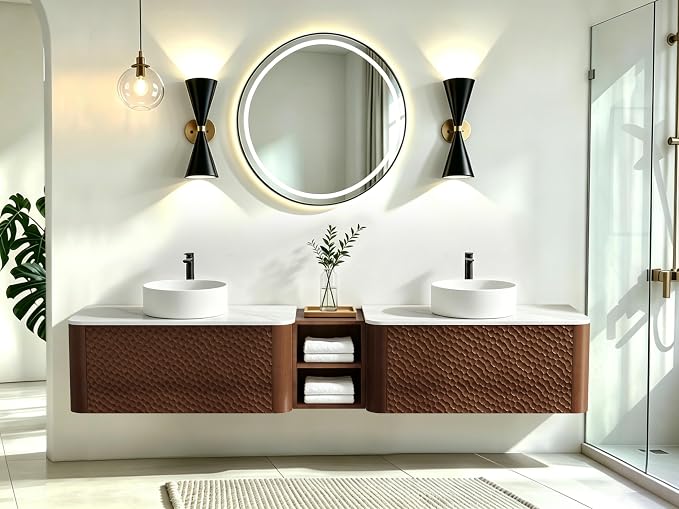84 Inch Double Vanity with Sink Set, Floating Bathroom Sink Cabinet with Sintered Stone Top&Solid Wood Hammered Frame, Double Bathroom Vanities w/Soft-Close Drawers&1 Side Open Cube