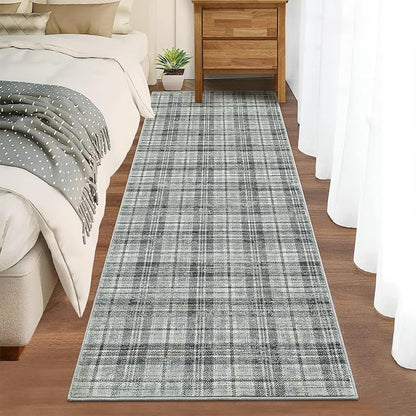 Washable Runner Rug 2x8 Modern Entryway Rug Tartan Plaid Non Slip Kitchen Rugs Hallway Runners Soft Carpet for Bedroom Bath Mat Stain Resistant 2'x8' Greenish Grey
