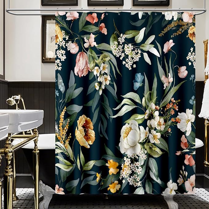 Amaredom Black Floral Shower Curtain, Colorful Flowers Shower Curtain for Bathroom, Waterproof Fabric Shower Curtain Set with 12 Hooks 72x72 Inches