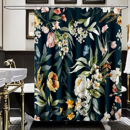 Amaredom Black Floral Shower Curtain, Colorful Flowers Shower Curtain for Bathroom, Waterproof Fabric Shower Curtain Set with 12 Hooks 72x72 Inches