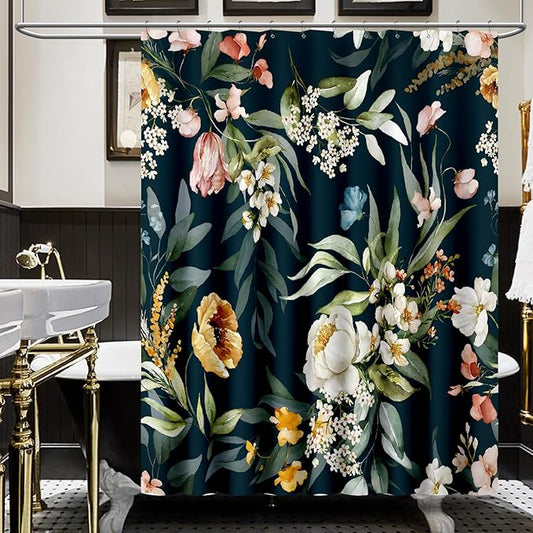 Amaredom Black Floral Shower Curtain, Colorful Flowers Shower Curtain for Bathroom, Waterproof Fabric Shower Curtain Set with 12 Hooks 72x72 Inches