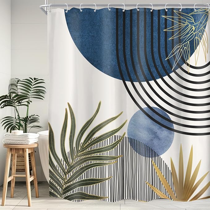 Mid Century Blue Green Boho Abstract Modern Bathroom Shower Curtain Set | 72Wx78H Sun Arch design, waterproof HD print with fast-drying fabric and 12 hooks.