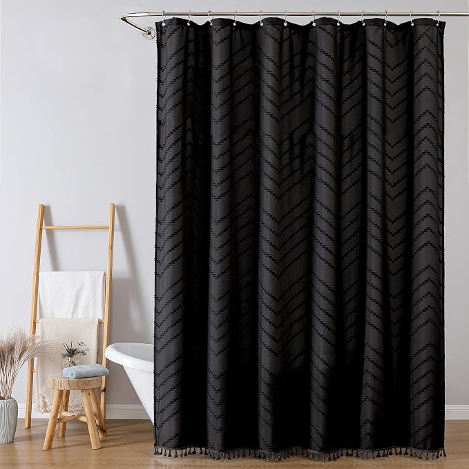 Extra Long Black Boho Shower Curtain, Chic Tufted Chevron Striped Textured Cloth Fabric Shower Curtains with Tassel for Bathroom, Soft Hotel Style Farmhouse, Machine Washable, 72x96