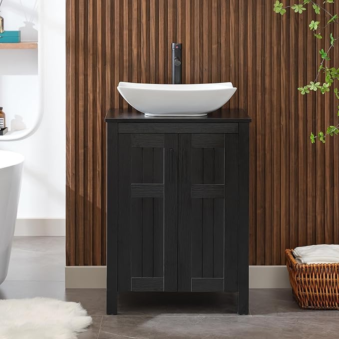 UEV Black 24" Bathroom Vanity with Sink Combo,Modern Freestanding Sink Cabinet,Stylish Bathroom Vanity Cabinet,Grooved Double Doors,Metal Handles,Modern Artistic Ceramic Vessel Sink Combo(032WH New)