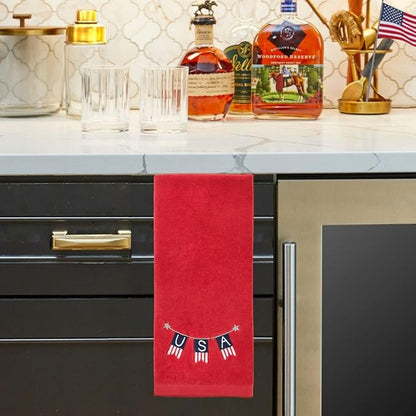 SKL Home USA Banner Hand Towel, (2-Pack), Red | Fun for Memorial Day, 4th of July, Labor Day & all patriotic holidays. For use in the bathroom, kitchen or bar.