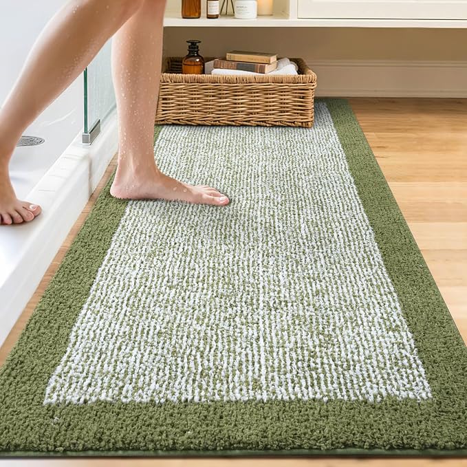 60x24 Long Bathroom Rugs Washable Non Slip, Olive Green Bath Mat for Bathroom Floor Tub, Soft Absorbent Quick Dry Mats for Shower,Bathtub,Home Decor