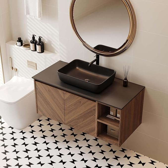 36 Inch Floating Vanity Bathroom with Single Sink, Wall-Mounted Floating Bathroom Cabinet with Sintered Stone Countertop & Black Ceramic Basin, Ample Storage and Open Shelves, Dark Wood