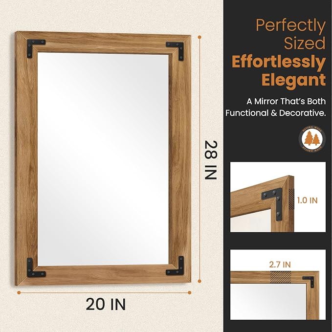 Wood Framed Bathroom Vanity Mirror for Wall, 20"x28" Farmhouse Mirror | Solid Wood Frame, HD Shatterproof Glass, Vertical/Horizontal Hanging, Ideal for Bathroom, Living Room, Bedroom