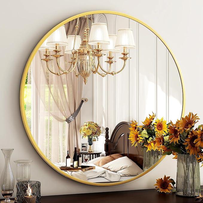 HARRITPURE 24 Inch Round Mirror Gold Circle Bathroom Mirror | Modern Aluminum Alloy Frame Wall Mounted Vanity Mirror for Living Room, Bedroom, Entryway