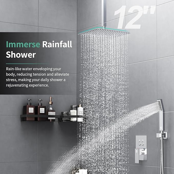 SR SUN RISE Ceiling Mounted Shower System with Push Button Diverter, Luxury 12 Inch Rain Shower Head with Handheld Spray, High Pressure Shower Faucet Combo Set with Rough-in Valve, Polished Chrome