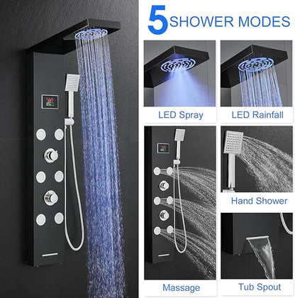 LED Rainfall Shower Tower System, Stainless Steel Hydroelectric Shower Panel Tower System (No battery need) with 6 Pcs Body Jets, Black