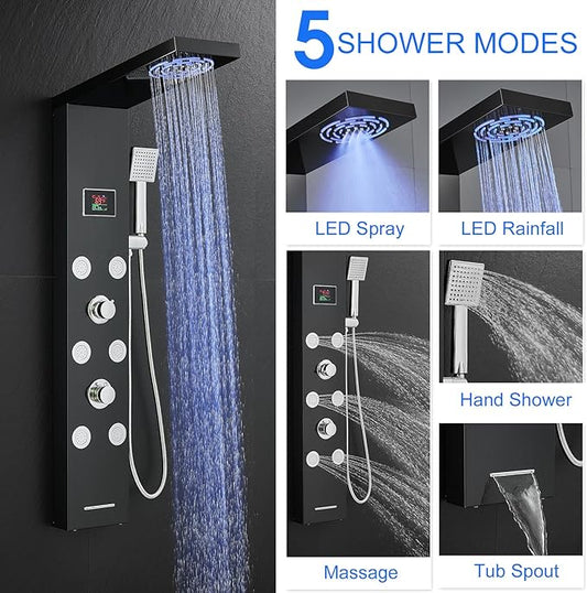 LED Rainfall Shower Tower System, Stainless Steel Hydroelectric Shower Panel Tower System (No battery need) with 6 Pcs Body Jets, Black
