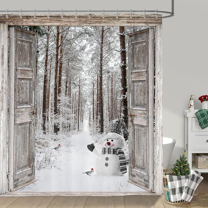Winter Christmas Shower Curtain, Cute Snowman Winter Forest Pine Tree Scene Shower Curtain for Bathroom Rustic Farmhouse Xmas Snowflake Holiday Gray Bathroom Accessories Polyester 72"X72" with Hooks