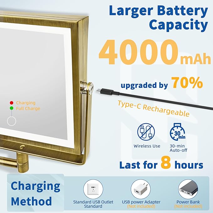 Ruacq Rechargeable Wall Mounted Makeup Mirror with Lights, Double Sided 1X/10X Magnifying Vanity Mirror with 3 Color Lights, Touch Screen Dimmable, 360° Rotation Extension Foldable Arm(Antique Brass)