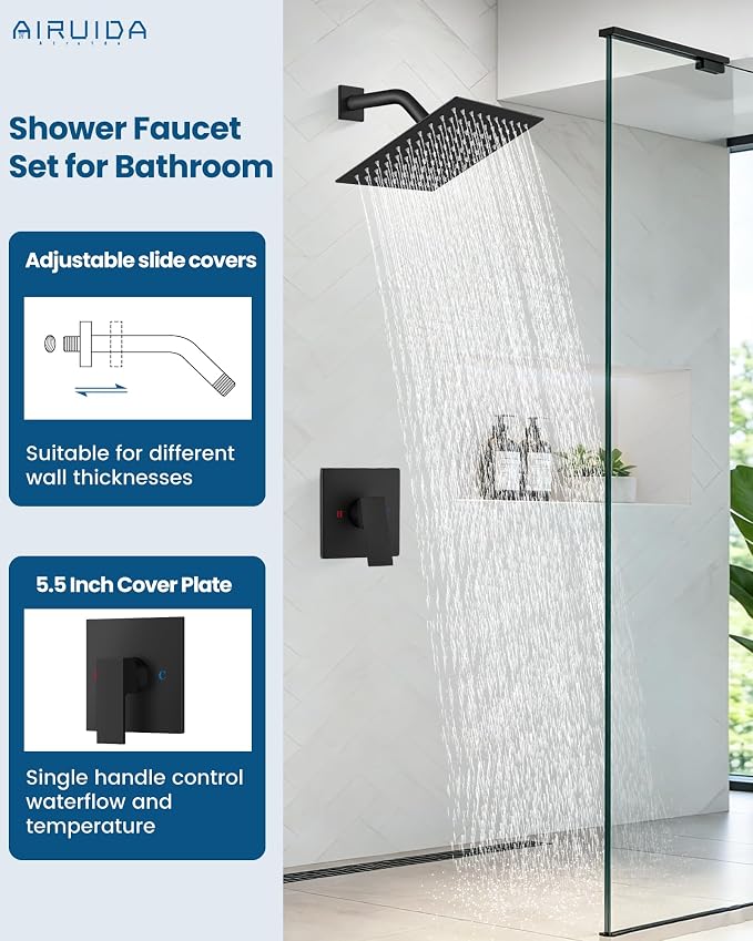 Airuida Shower Faucet Set,8 Inch Shower Valve Kit,Matte Black | Male Threads,Rough-in Valve Shower Trim Kit,Single Handle Control Shower Set