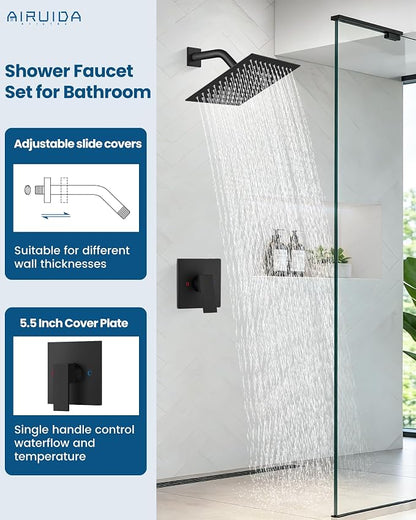 Airuida Shower Faucet Set,8 Inch Shower Valve Kit,Matte Black | Male Threads,Rough-in Valve Shower Trim Kit,Single Handle Control Shower Set