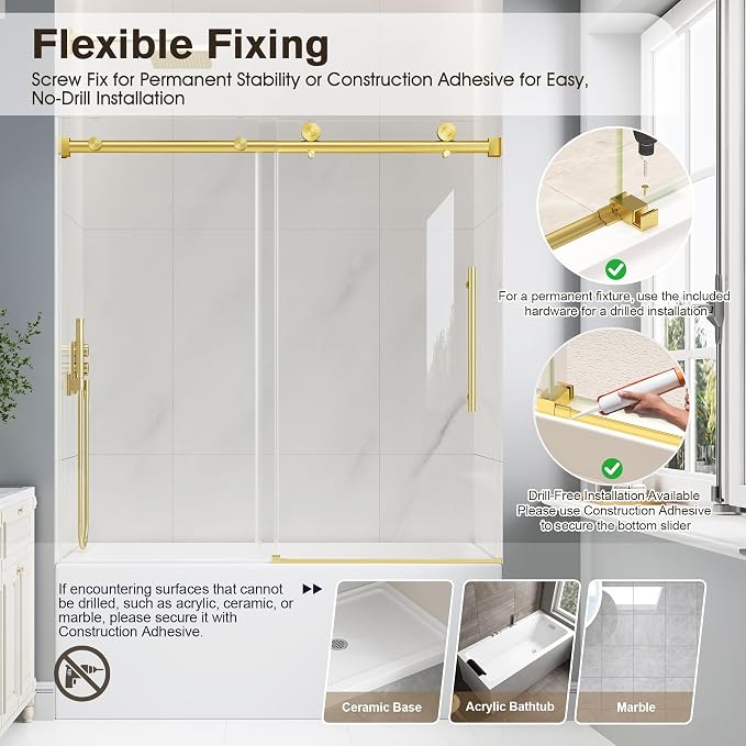 55-60" W x 60" H Bathtub Shower Door Frameless Brushed Gold | 1/4''(6mm) SGCC Tempered Glass,Explosion Proof Film,Nano Coating,Customizable width,Reversible installation,Easy to Clean