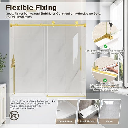 55-60" W x 60" H Bathtub Shower Door Frameless Brushed Gold | 1/4''(6mm) SGCC Tempered Glass,Explosion Proof Film,Nano Coating,Customizable width,Reversible installation,Easy to Clean