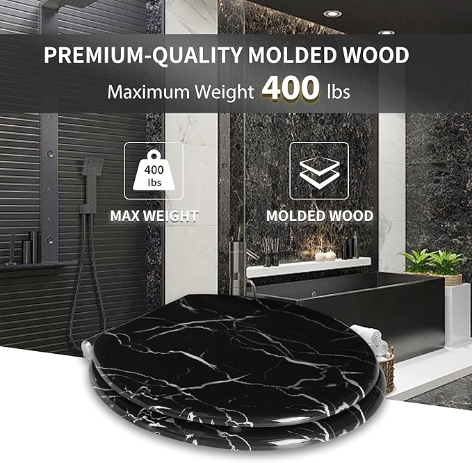 Angel Shield Marble Toilet Seat Durable Molded Wood with Quiet Close,Easy Clean，Quick-Release Hinges (Round,Black Marble)