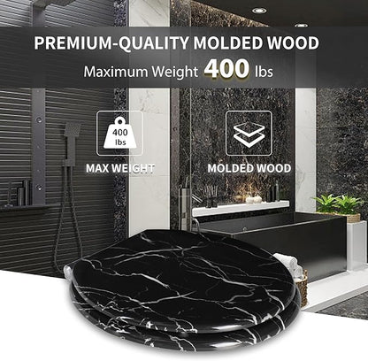 Angel Shield Marble Toilet Seat Durable Molded Wood with Quiet Close,Easy Clean，Quick-Release Hinges (Round,Black Marble)