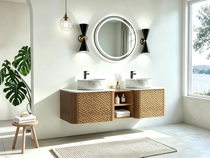 60 Inch Double Vanity with Sink Set, Floating Bathroom Sink Cabinet with Sintered Stone Top&Solid Wood Hammered Frame, Double Bathroom Vanities w/Soft-Close Drawers&1 Side Open Cube