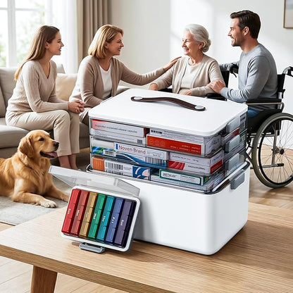 MOPUP 4-Tier Medicine Craft,Sewing,Art,Organizer Storage,Portable Latch Bin with Lid and Leather Handle,Pill Bottle, First Aid,Comes with a 7-Day Pill Organizer,A Household Essential