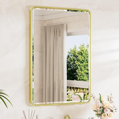 Brushed Gold Bathroom Mirror for Over Sink 24 x 36 Beveled Edge Tempered Glass, Rounded Corner Rectangle Framed Mirror for Modern Bathroom, Living Room, Bedroom, Entryway