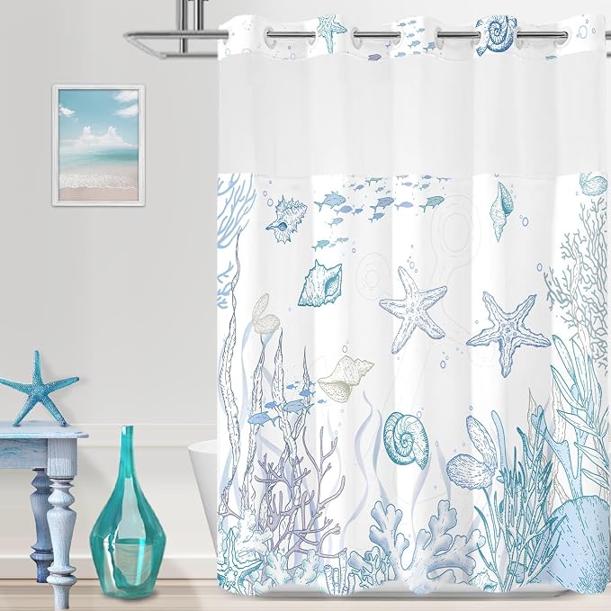 No Hook Shower Curtain and Liner Set for Bathroom, Blue Beach Coastal 71x74 | Nautical Ocean Design, with Snap in Liner Replacement, Mesh Top Window, Waterproof, Machine Washable, Quick-Drying