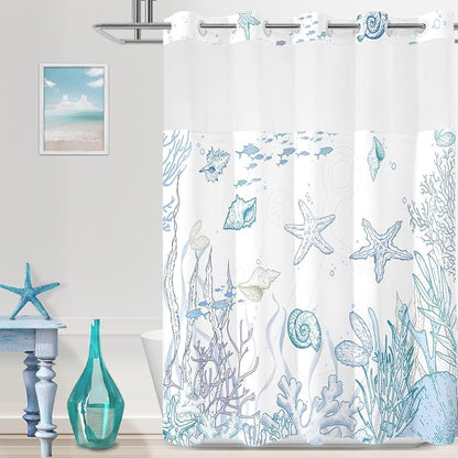 No Hook Shower Curtain and Liner Set for Bathroom, Blue Beach Coastal 71x74 | Nautical Ocean Design, with Snap in Liner Replacement, Mesh Top Window, Waterproof, Machine Washable, Quick-Drying