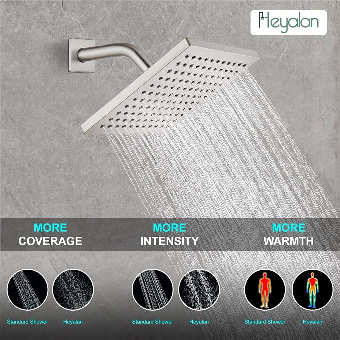 Heyalan 8-Inch Shower Faucet Set with Tub Spout and Valve,Brushed Nickel | 8-inch square rainfall head, tub spout with diverter, male-thread rough-in valve, single-handle control and wall-mount design