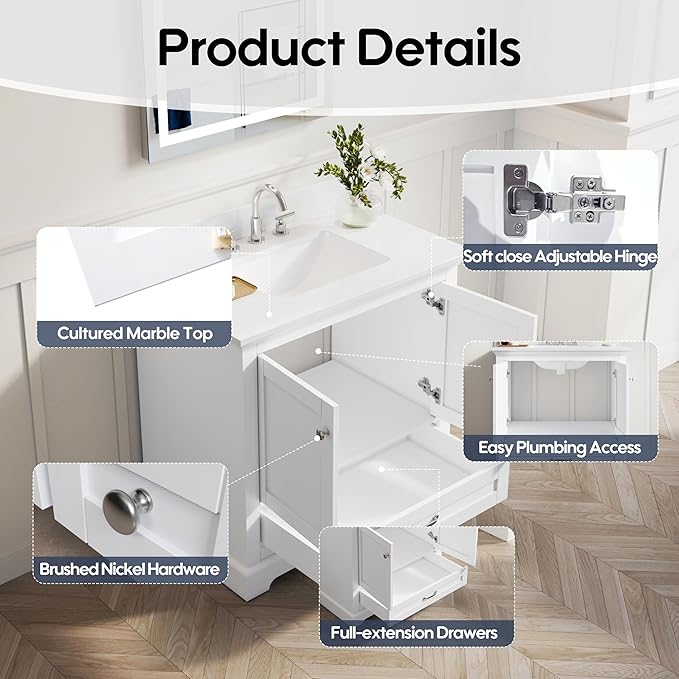 WELLFOR 36" Bathroom Vanity with Sink, Bathroom Freestanding Vanity W/ 2 Soft-Close Doors and 1 Soft-Close Drawers, Bathroom Cabinet Vanity with Engineered Stone Countertop, White