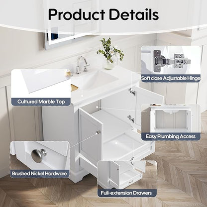 WELLFOR 36" Bathroom Vanity with Sink, Bathroom Freestanding Vanity W/ 2 Soft-Close Doors and 1 Soft-Close Drawers, Bathroom Cabinet Vanity with Engineered Stone Countertop, White
