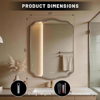POZINO 36"x24" Scalloped LED Bathroom Mirror with Lights, Gold Metal Frame | Beveled Edge, 3 Color Dimmable, Anti-Fog, Memory Function, IP65 Waterproof, Smart Bathroom Vanity Mirror with Front Lights