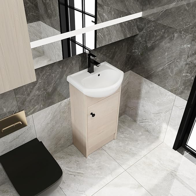 18 Inch Freestanding Bathroom Vanity, 18'' Floor Stand Bathroom Vanity with Sink, Single Sink Cabinet Combo, Modern Storage Cabinet, with Soft Closing Door, 02218PLO