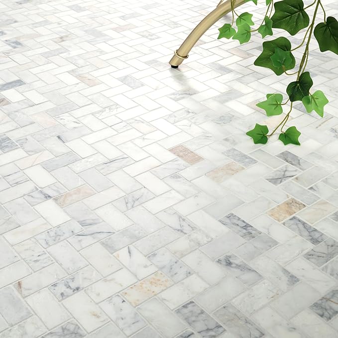 MSI Arabescato Venato White 1 in. x 2 in. Herringbone Honed Marble Mesh Mounted Mosaic Tile for Bathroom, Kitchen Backsplash, Accent Wall Tile, and Shower Wall Tile