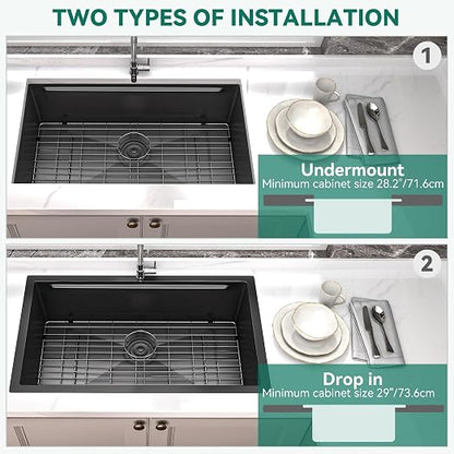 YITAHOME 30x19inch Kitchen Undermount Sinks, Nano Gunmetal Black Stainless Steel Drop-In Single Bowl Sink with Ledge and Accessories for Workstation, RV, Prep Kitchen, Bar